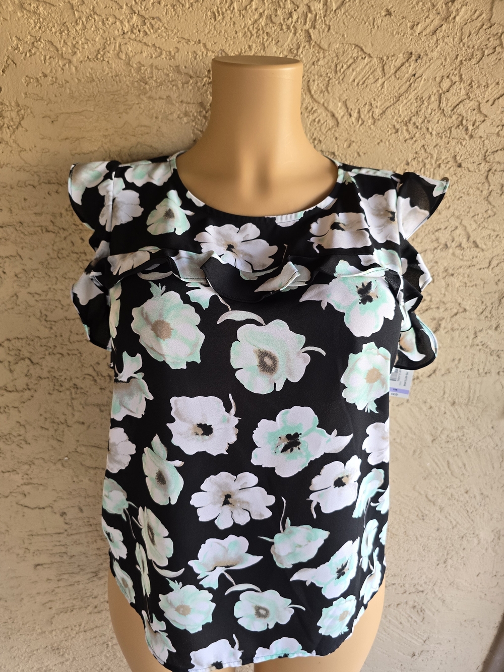 Worthington Black Floral Ruffle Sleeve Blouse  Mint & White